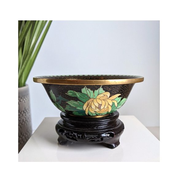 Mid Century Chinese Zi Jin Cheng Cloisonne Bowl with Brass Rims Stand & Box - Picture 2 of 9